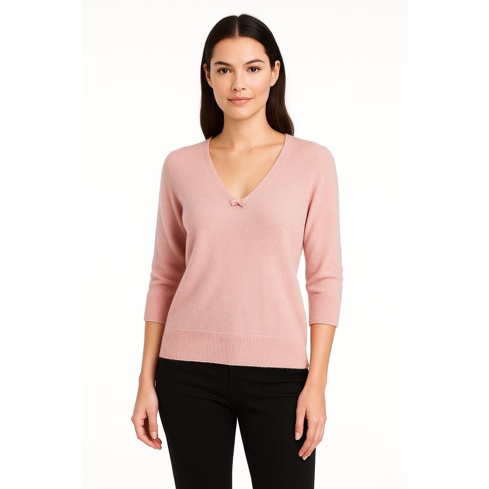 Vintage Ann Taylor Women's Light Pink 3/4 Sleeeve V-Neck Cashmere Sweater Size L